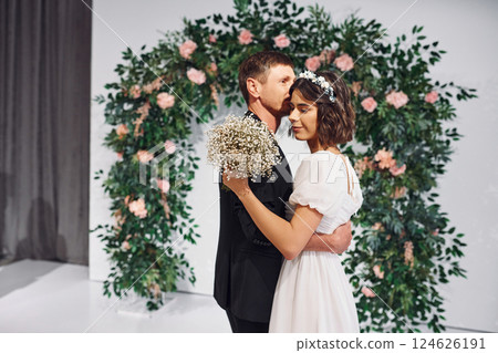 Happy day. Beautiful bride with his fiance is on the wedding Happy day. Beautiful bride with his fiance is on the wedding 124626191