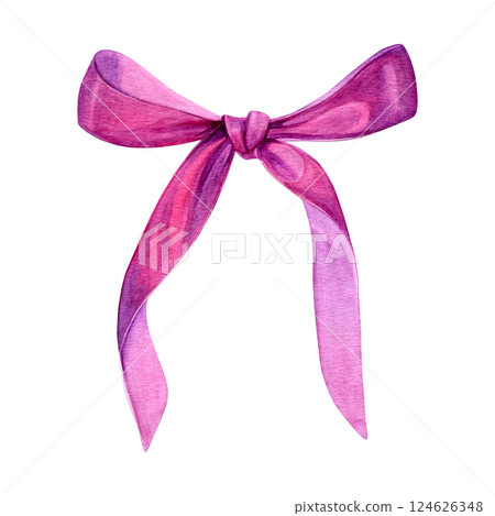 Pink satin ribbon. Watercolor of a decorative element tied in a bow. Good for postcards, recipes, menu, invitations, greeting cards Pink satin ribbon. Watercolor of a decorative element tied in a bow. Good for postcards, recipes, menu, invitations, greeting cards 124626348