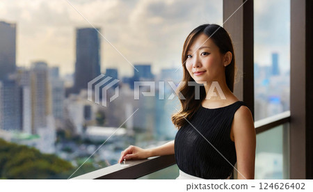 站在窗邊欣賞城市風景的女人 124626402