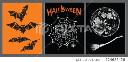 Halloween themed illustrations with pumpkins cats bats and a cauldron Halloween themed illustrations with pumpkins cats bats and a cauldron 124626456