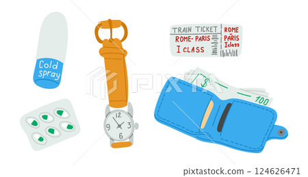 Hand drawn travel essentials set with watch 124626471