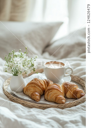 A cozy breakfast tray with croissants, coffee 124626479