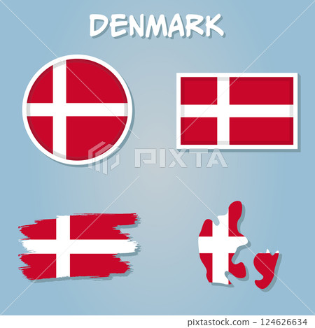 Colorful flag, map pointer and map of Denmark in the colors of the danish flag. 124626634
