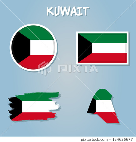 High resolution Kuwait map with country flag, flag of the Kuwait  overlaid on detailed outline map isolated. 124626677
