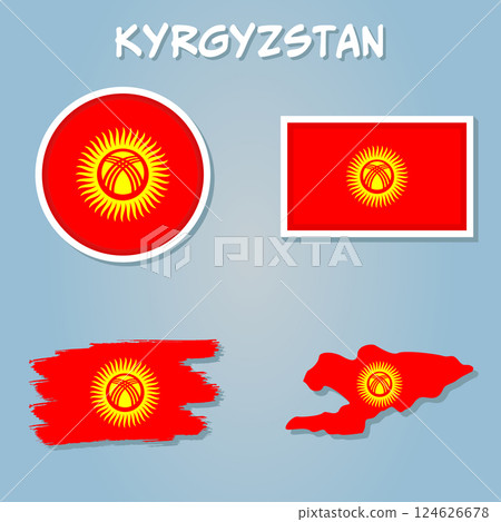 Map of Kyrgyzstan with national flag. Highly detailed editable map of Kyrgyzstan, Central Asia country territory borders. 124626678