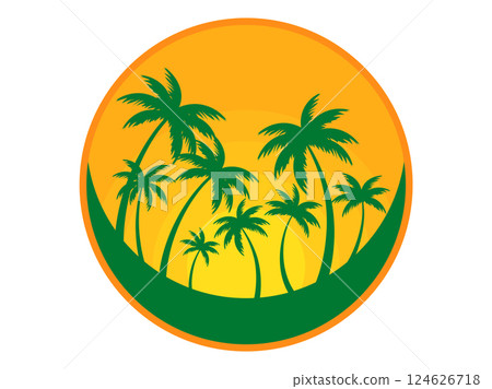 Round banner with a tropical landscape with palm trees against the sun. Green silhouettes of palm trees at sunset. Design for booklets, flyers, posters and travel agencies. Vector illustration 124626718