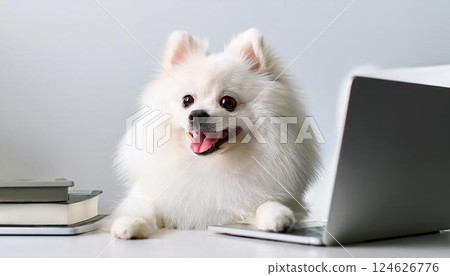 Pomeranian looking at a laptop on a desk 124626776