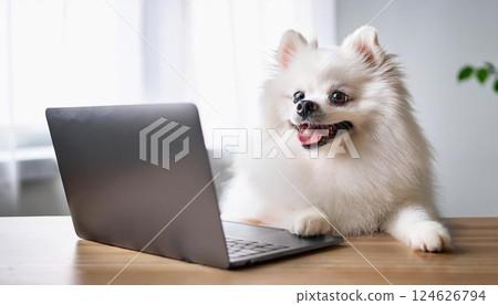 博美犬正在看桌上的筆記型電腦 博美犬正在看桌上的筆記型電腦 124626794