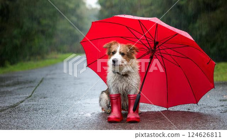 A dog holding an umbrella and wearing rain boots 124626811