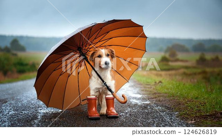 A dog holding an umbrella and wearing rain boots 124626819