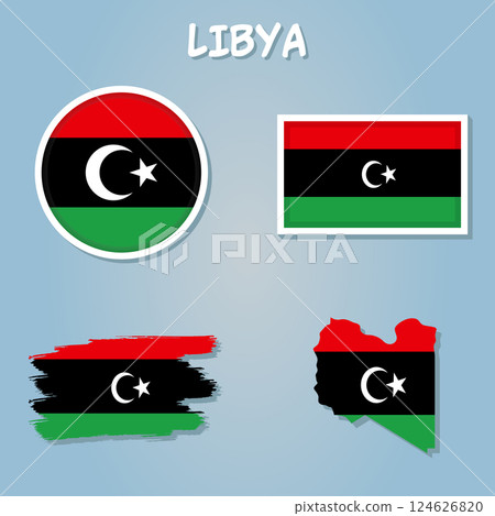 Maps of Libya, 3 dimensional with flag clipped inside borders,and shadow. 124626820