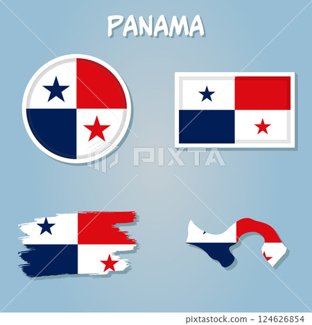 Flag and map of the Panama overlaid on detailed outline map isolated on blue background. 124626854