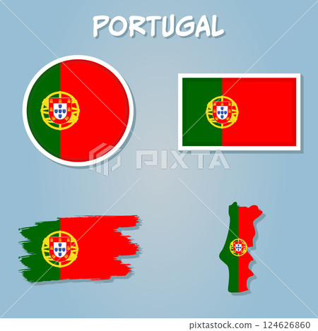 Flag of the Portuguese Republic overlaid on detailed outline country map isolated on blue background. 124626860
