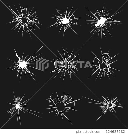 Set of glass crack with different types of damage on black background graphic isolated vector illustration. 124627282