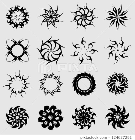 Tribal elements monochrome geometric ornament set. 124627291