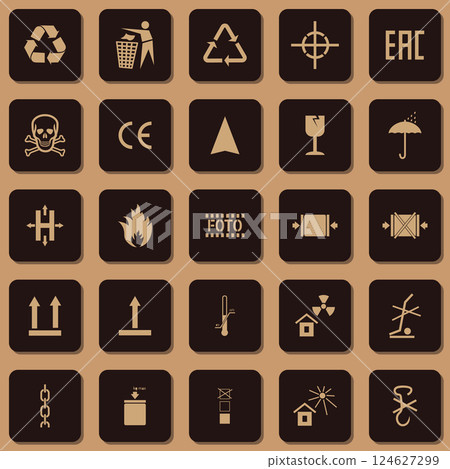 Packing icon collection including fragile, handling with care, flammable and other signs. 124627299