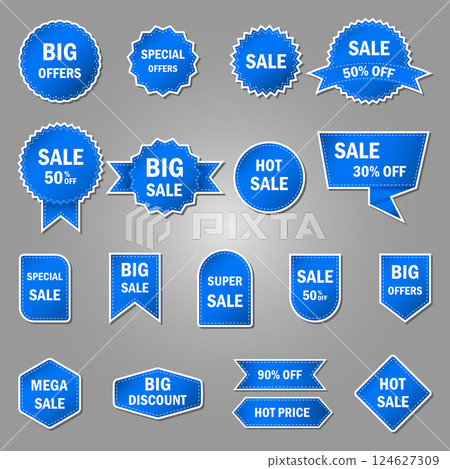 Blue blank price tags, labels or badges, ribbon banners. 124627309