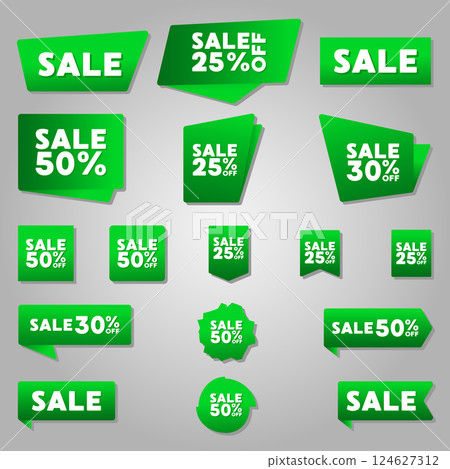 Different sale green ribbons flat icon set. Different sale green ribbons flat icon set. 124627312