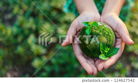 A pair of hands gently holding a small globe with green leaves sprouting from it, symbolizing environmental protection. 124627542