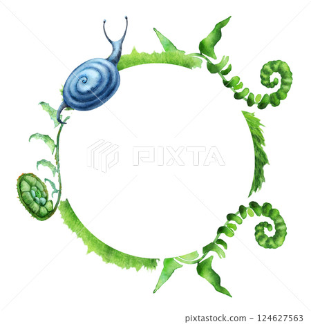 Forest plants wreath. Botanical greenery with snails, with green and blue shades. Hand drawn watercolors isolated on transparent background. Biophilic style, ideal for ecological and spiritual topics 124627563