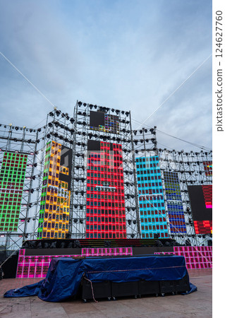 led screen installation and calibration for event stage setup, panel setup and testing for concert stage construction led screen installation and calibration for event stage setup, panel setup and testing for concert stage construction 124627760