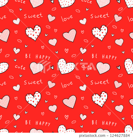 Red and white seamless pattern with hearts. 124627884