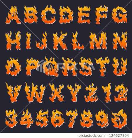 Vector cartoon icons set of orange flaming numbers. 124627894