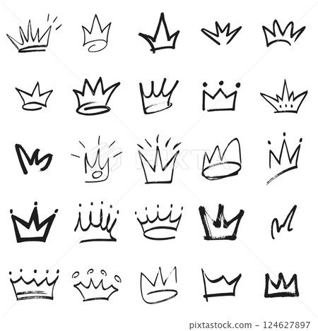 Multicolored graffiti elements set spray paint crown. 124627897