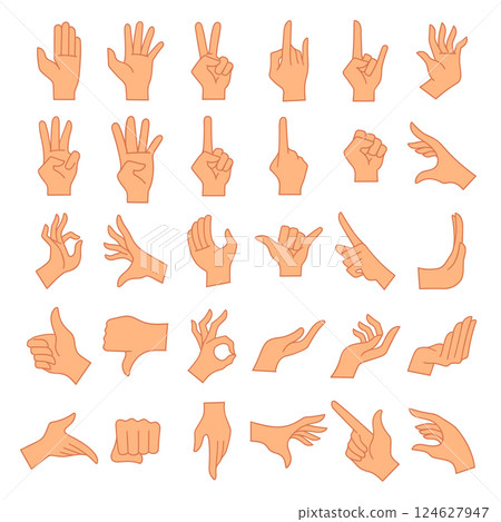Hands poses. Female hand holding and pointing gestures. 124627947