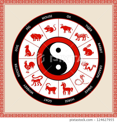 Chinese Black Red Horoscope Circle 124627955