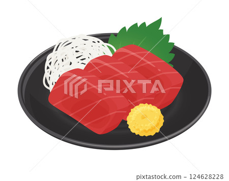 Illustration material of tuna sashimi served on a plate 124628228