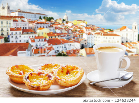 Cup of coffee and plate of traditional portuguese pastries Pastel de nata on wooden table over Alfama district background. Lisbon, Portugal Cup of coffee and plate of traditional portuguese pastries Pastel de nata on wooden table over Alfama district background. Lisbon, Portugal 124628244