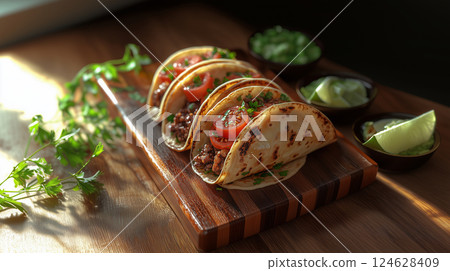 Tacos, mexican food on wooden stand 124628409
