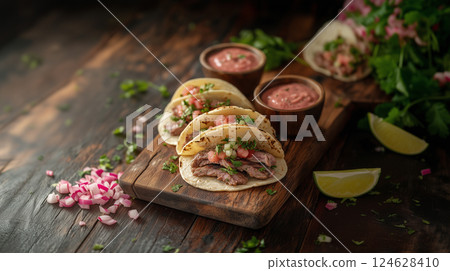Tacos, mexican food on wooden stand 124628410