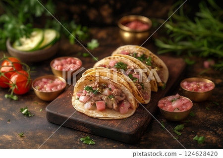 Tacos, mexican food on wooden stand 124628420