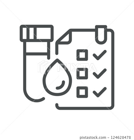 Blood Tests Checklist Icon. Simple Line Illustration of Blood Sample and Medical Checklist, Indicating Laboratory Analysis and Test Verification. Ideal for Healthcare 124628478