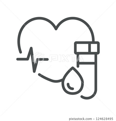 Heart Health Blood Tests Icon. Thin Line Illustration of Blood Analysis Emphasizing Cardiovascular Markers, Cholesterol Levels and Cardiac Risk Assessment for Medical Diagnostics 124628495