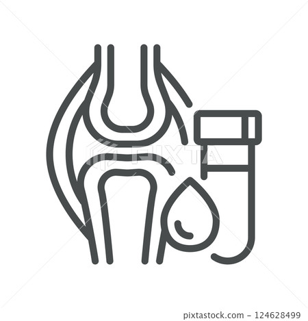 Joints Blood Test Icon. Line Vector of Joint Structure and Test Tube, Representing Rheumatology, Arthritis, Inflammation, Autoimmune Disorders, and Diagnostic Laboratory Analysis. Joints Blood Test Icon. Line Vector of Joint Structure and Test Tube, Representing Rheumatology, Arthritis, Inflammation, Autoimmune Disorders, and Diagnostic Laboratory Analysis. 124628499