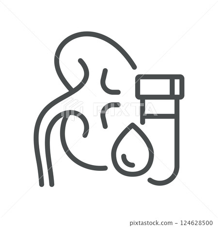 Kidney Panel Blood Test Icon. Outline Vector of Kidney and Blood Tube, Representing Renal Health, Urology, Creatinine, GFR, and Metabolic Function Diagnostics. Kidney Panel Blood Test Icon. Outline Vector of Kidney and Blood Tube, Representing Renal Health, Urology, Creatinine, GFR, and Metabolic Function Diagnostics. 124628500
