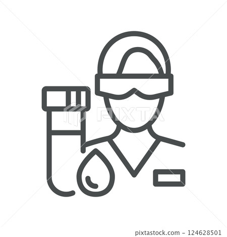 Lab Technician Blood Test Icon. Linear Illustration of Scientist with Blood Sample Tube, Representing Clinical Analysis, Research, Diagnostics, and Medical Laboratory Work. 124628501