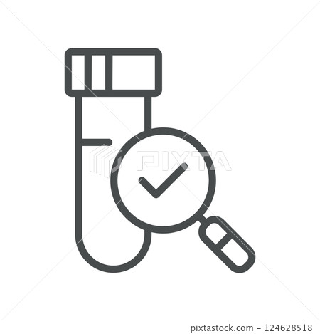 Test Tube Magnifying Glass Icon. Minimal Line Illustration of a Test Tube with a Magnifying Glass, Representing Detailed Laboratory Analysis, Research, and Diagnostic Investigation 124628518