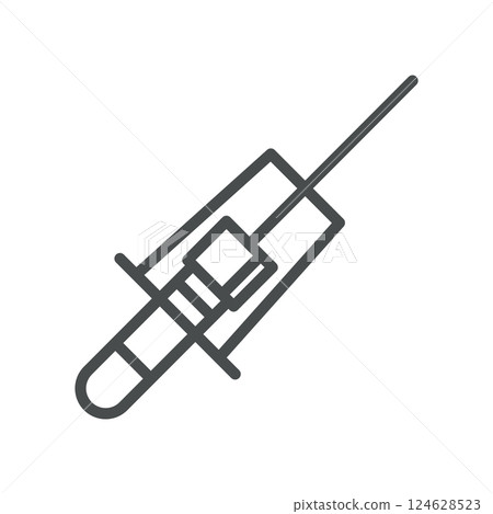 Vacuum Blood Collection Tube Icon. Line Illustration of Syringe Tube Vacutainer for Blood Sampling, Representing Phlebotomy, Diagnostics, and Laboratory Blood Handling Procedures 124628523