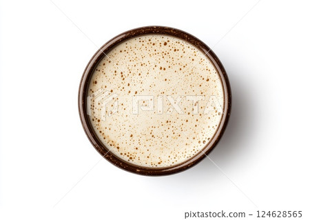Cup of coffee latte, top view, isolated on white background. 124628565
