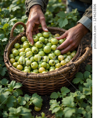 Abundant green tomato harvest in rustic woven basket for fresh farm-to-table concept 124628806