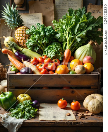 Bountiful harvest display of fresh vegetables and fruits in rustic wooden crate for farm-to-table concepts 124628820