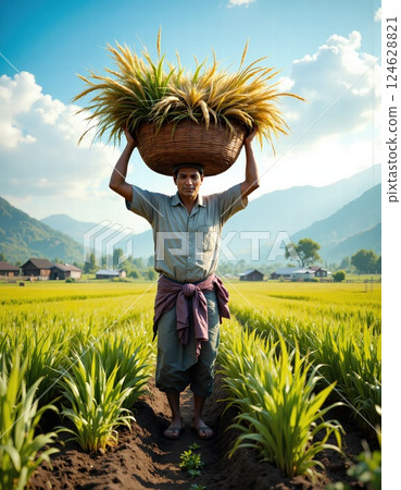 Bountiful harvest in sunlit fields: farmer carrying basket of crops in picturesque rural landscape 124628821