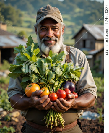 Bountiful harvest: joyful farmer holding fresh vegetables and fruits in rustic garden setting 124628822