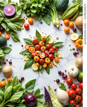 Colorful fresh produce artfully arranged on marble for healthy eating inspiration and kitchen decor 124628825