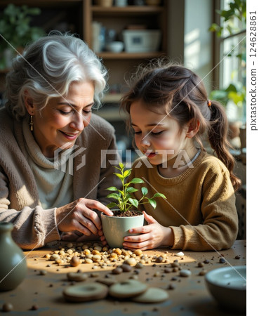 Generational bonding through gardening: grandparent and child nurturing a potted plant in sunlit kitchen 124628861