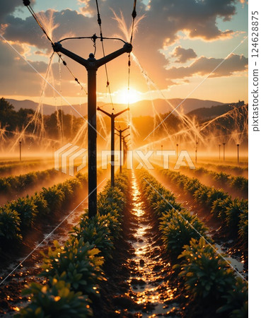 Golden sunset over agricultural field with irrigation system in operation for sustainable farming 124628875